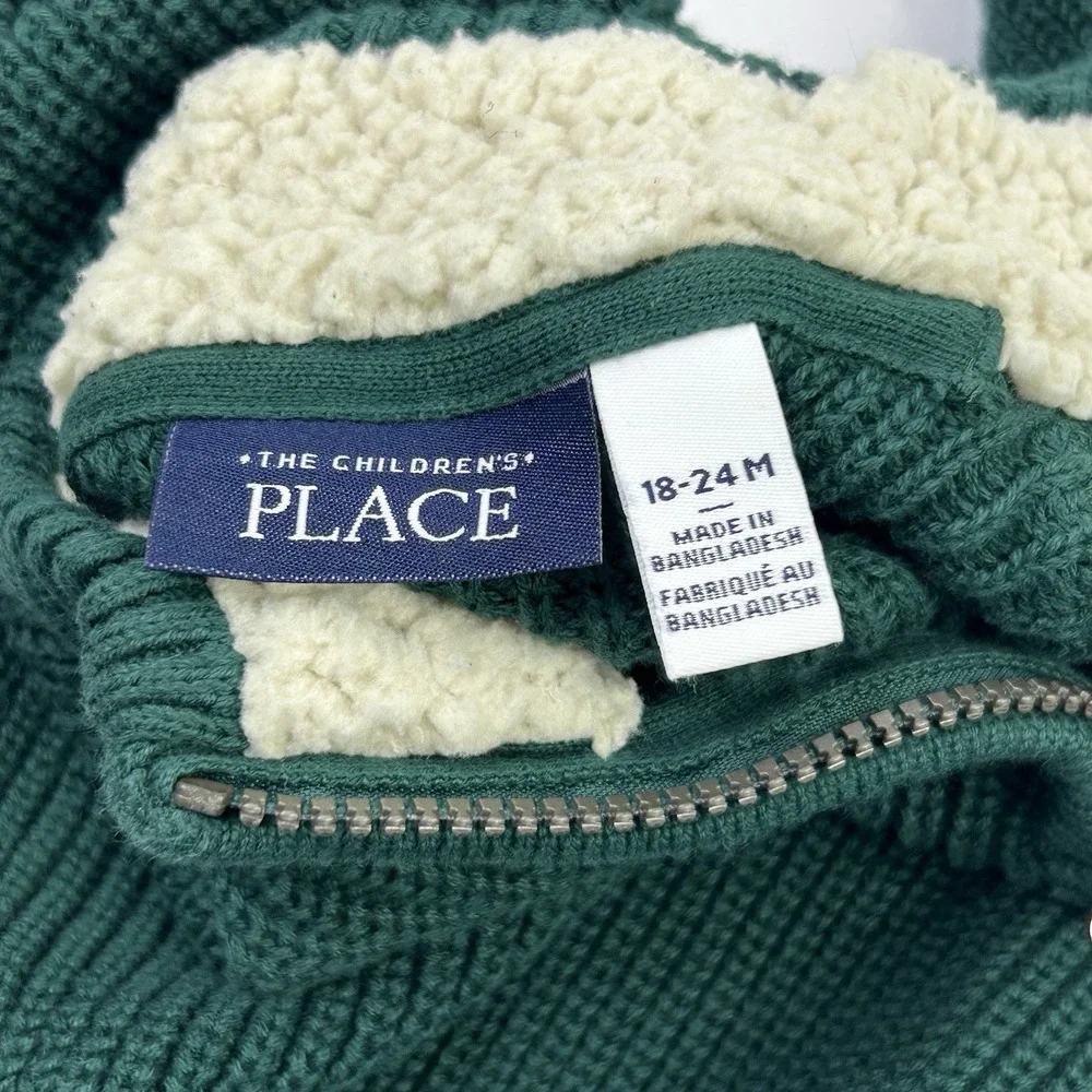 The Children's PLACE Quarter Zip Sweater Boys 18-24 Months Green Faux Sherpa